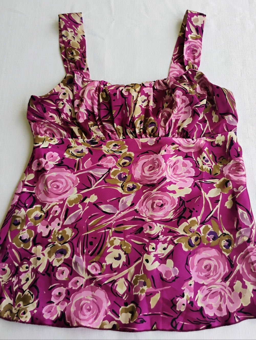 Y2K VTG IZ Byer Plum Floral Satin Tank Top Womens M Babydoll Ruched Camisole